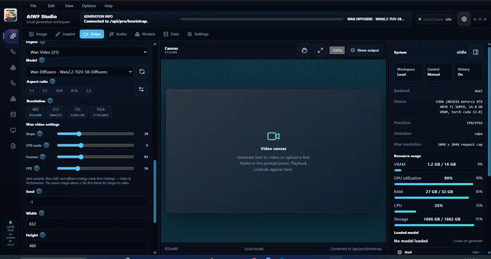 AIWF Studio video workspace showing model, canvas, runtime status, and hardware resource usage